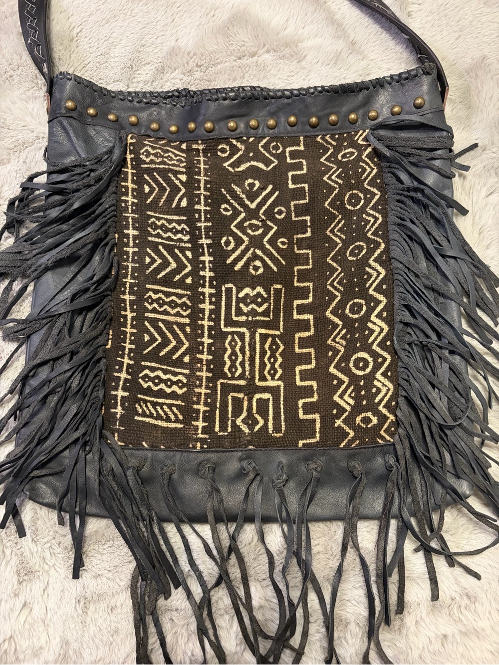 Fringed Black & Beige Moroccan Crossbody Bag